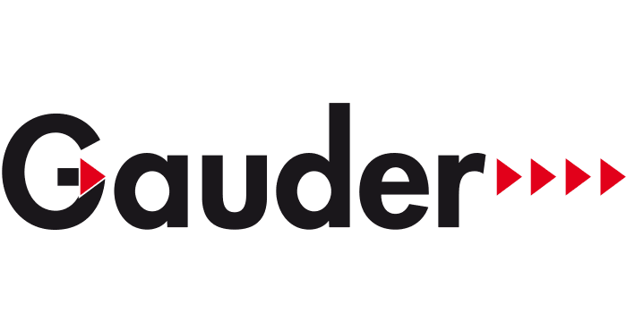 Gauder wordmark with a red triangular play button integrated into the letter 'G' and four red triangles pointing right after the word.