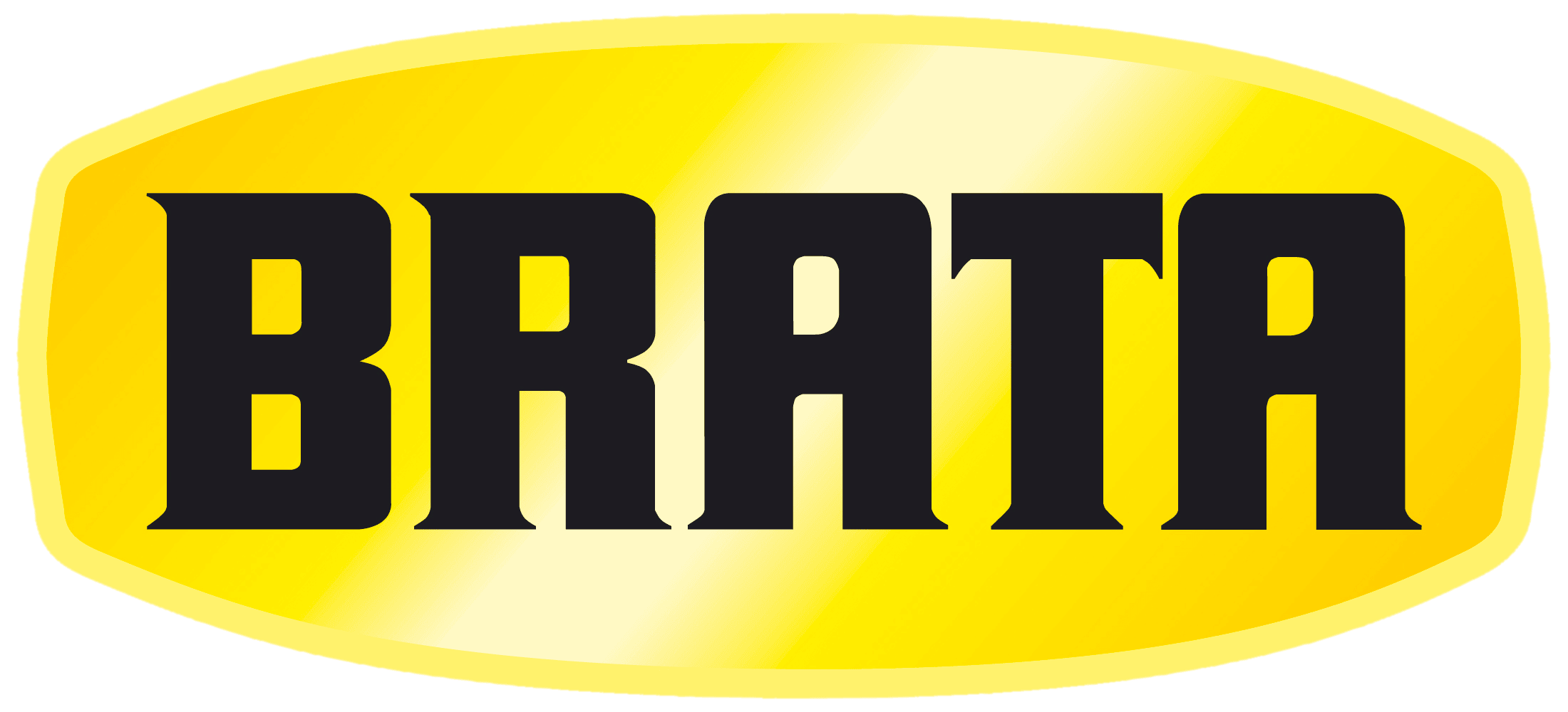 BRATA text in bold black capital letters on a yellow oval background with a gradient highlight.