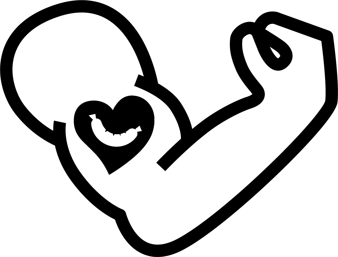 Illustration of a flexed arm muscle with a heart shape tattoo on the bicep.
