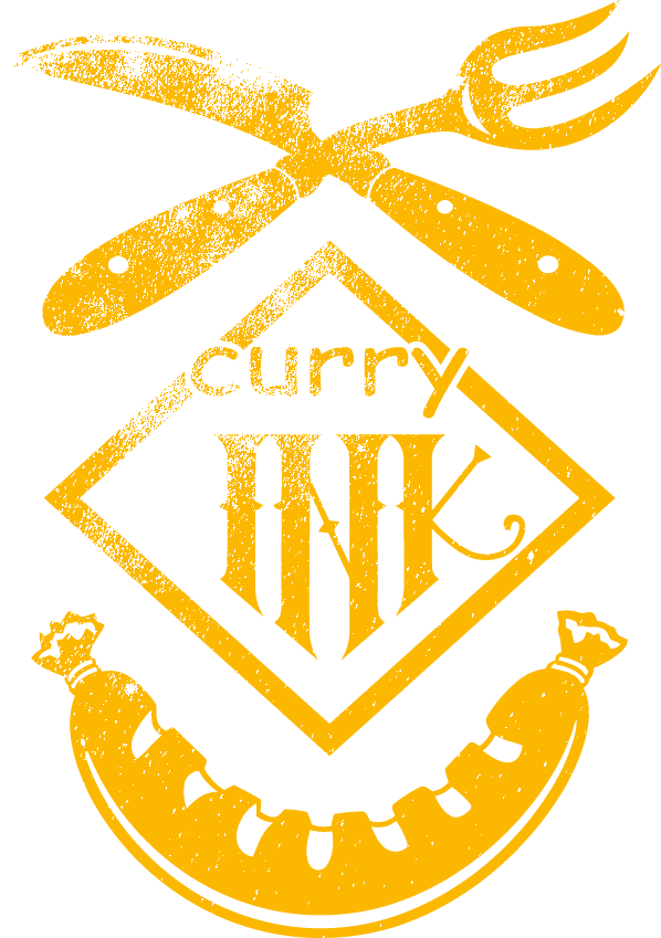 Grunge style logo with crossed knife and fork above the text 'curry INK' inside a diamond shape, and a curved sausage below.