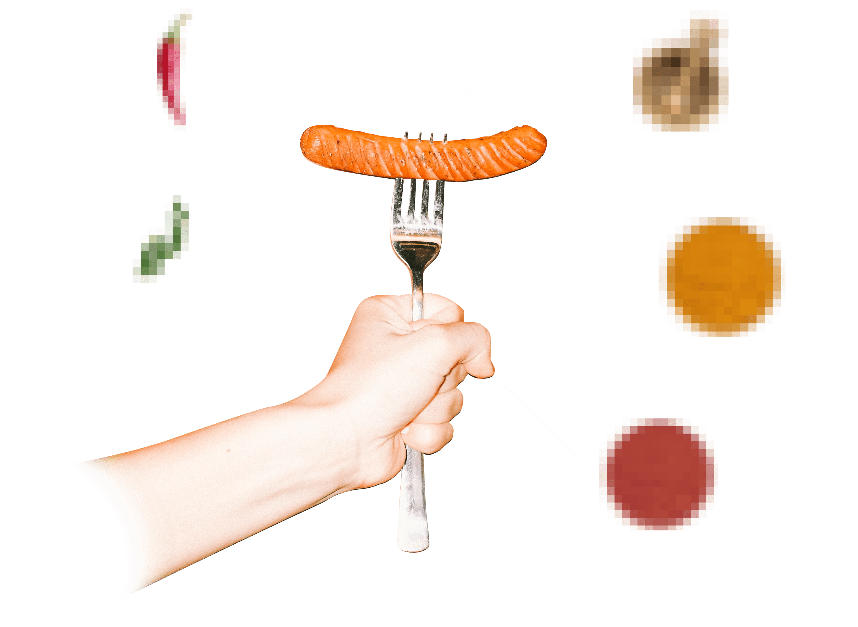 Hand holding a fork with a grilled sausage, surrounded by labels pointing to chili pepper, coriander, nutmeg, turmeric, and paprika spices.