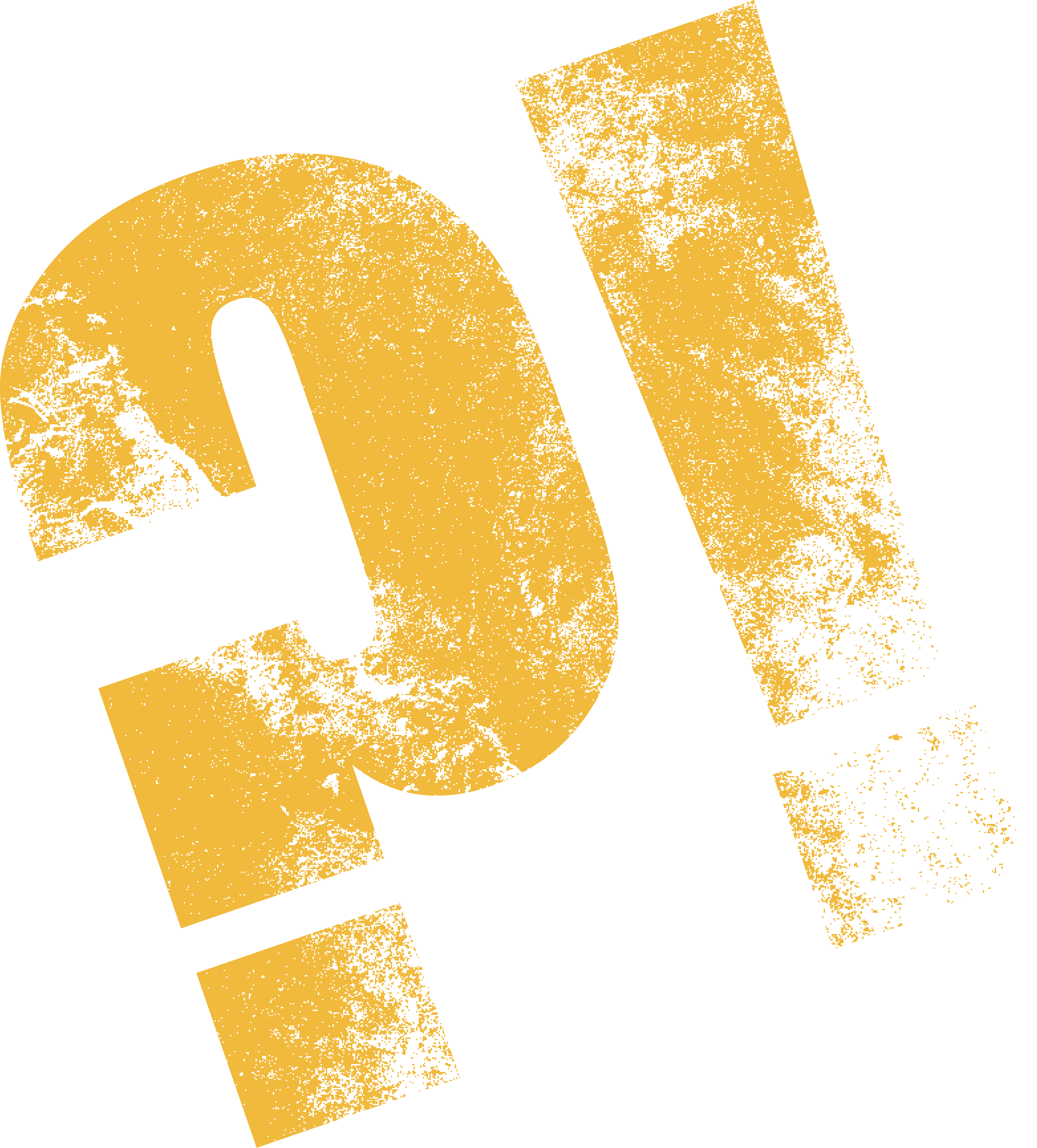 Yellow question mark and exclamation point with a distressed texture on a black background.