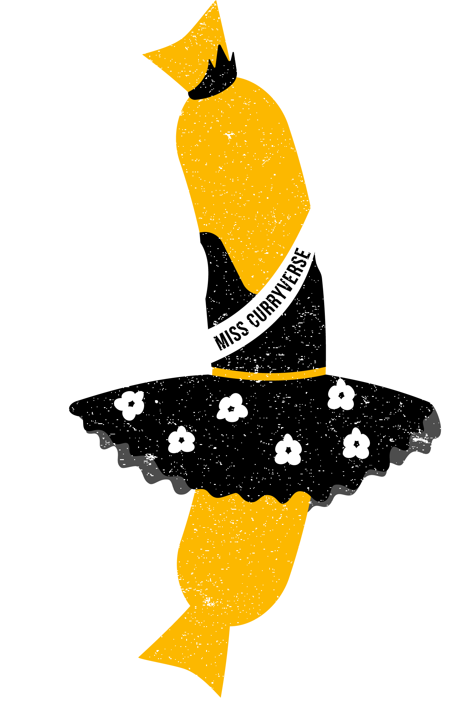 Illustration of a yellow chili pepper wearing a black skirt with white flowers and a white sash that reads Miss Curryverse.