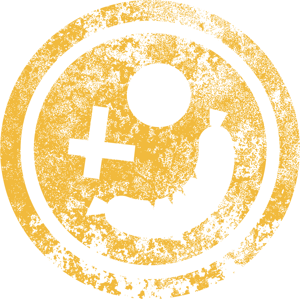 Distressed yellow circular icon with a plus sign, a circle, and a curved phone handset symbol inside.